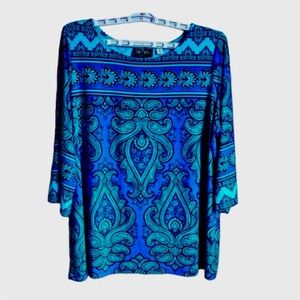 Bob Mackie  Wearable  Art  Blue  Multi  Patterned Women's Top .  Size 1X